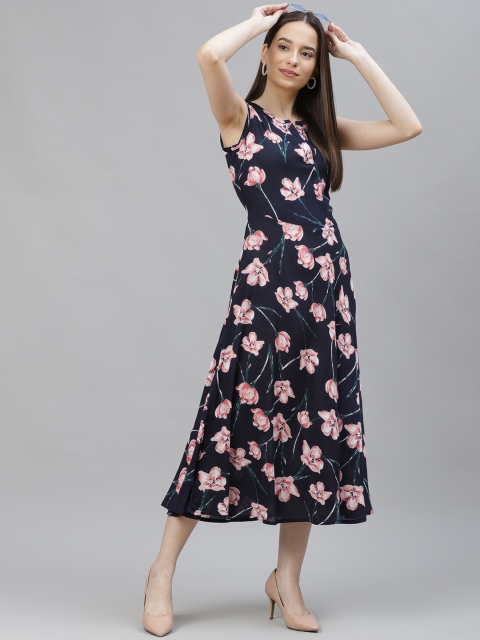 

Jompers Navy Blue & Pink Floral Ethnic A-Line Midi Dress