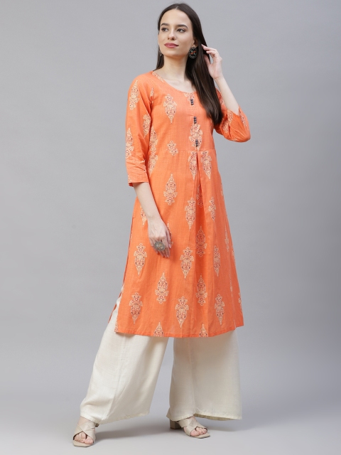 

Jompers Women Orange Ethnic Motifs Printed Block Print Kurta