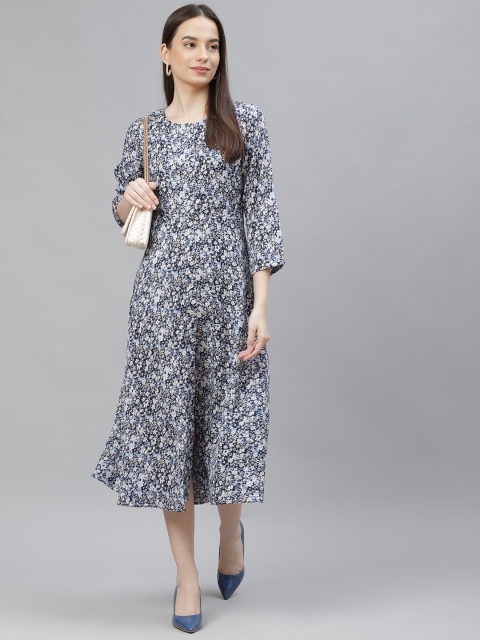 

Jompers Navy Blue & White Cotton Ditsy Floral Midi A-Line Dress