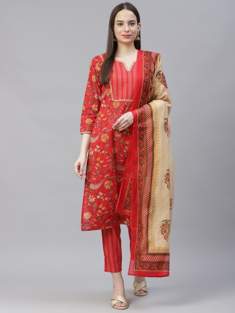 

Jompers Women Red Ethnic Motifs Printed Regular Pure Cotton Kurta with Trousers & Dupatta