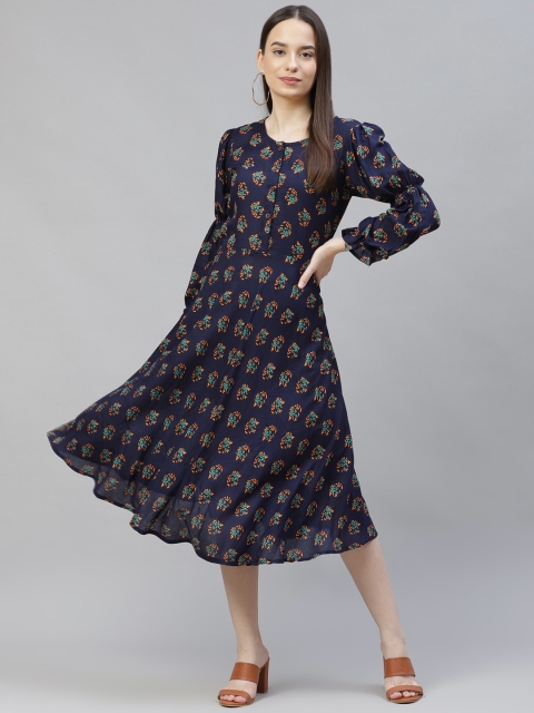 

Jompers Navy Blue & Orange Ethnic Motifs Midi Dress with Puff Sleeves