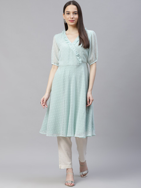 

Jompers Women Turquoise Blue Woven Design Anarkali Kurta
