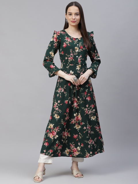 

Jompers Women Green Floral Printed Bell Sleeves Floral Anarkali Kurta with Frills