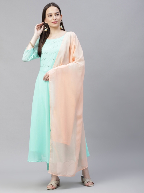 

Jompers Women Turquoise Blue Embroidered Regular Sequinned Kurta with Trousers & Dupatta