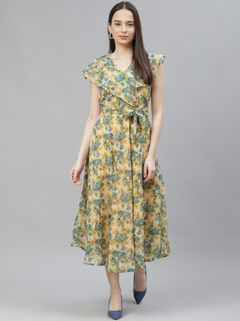

Jompers Beige & Blue Floral Layered Ethnic A-Line Midi Dress