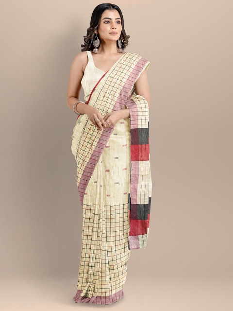 

BharatSthali Beige & Red Pure Cotton Maheshwari Saree