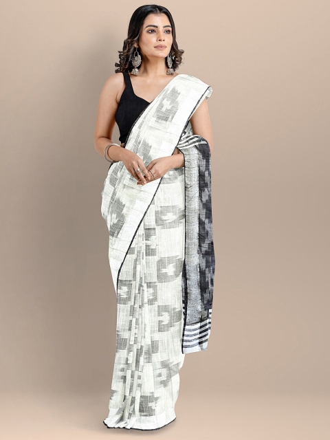 

BharatSthali White & Black Woven Design Pure Cotton Ikat Saree