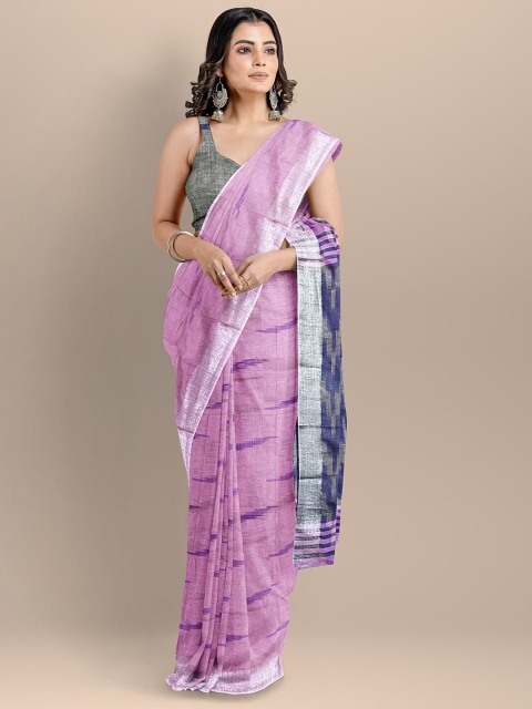 

BharatSthali Pink & Grey Woven Design Pure Cotton Ikat Saree