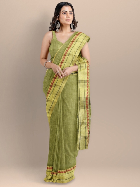 

BharatSthali Olive Green & Red Silk Cotton Maheshwari Saree