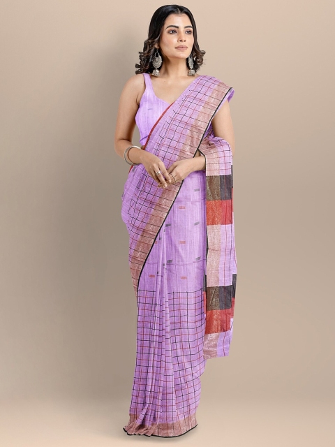 

BharatSthali Lavender & Red Woven Design Pure Cotton Taant Saree