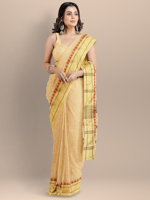 

BharatSthali Peach-Coloured & Yellow Silk Cotton Maheshwari Saree