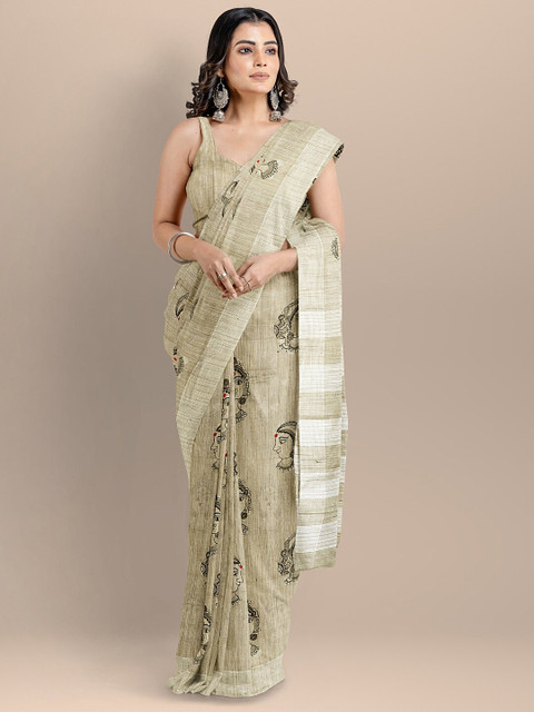 

BharatSthali Beige & Grey Ethnic Motifs Silk Cotton Maheshwari Saree