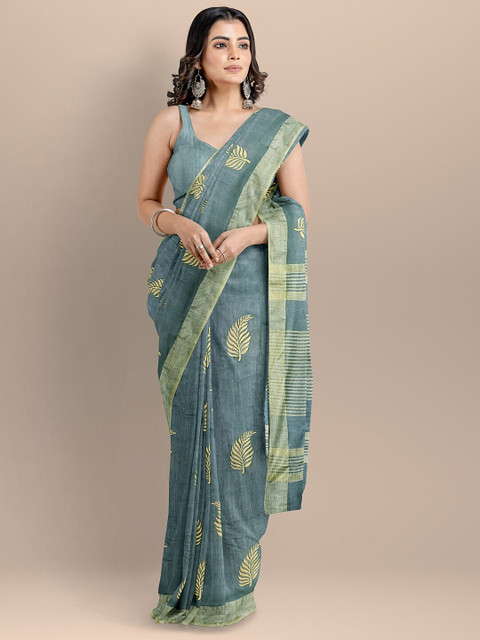 

BharatSthali Teal Ethnic Motifs Silk Cotton Maheshwari Saree