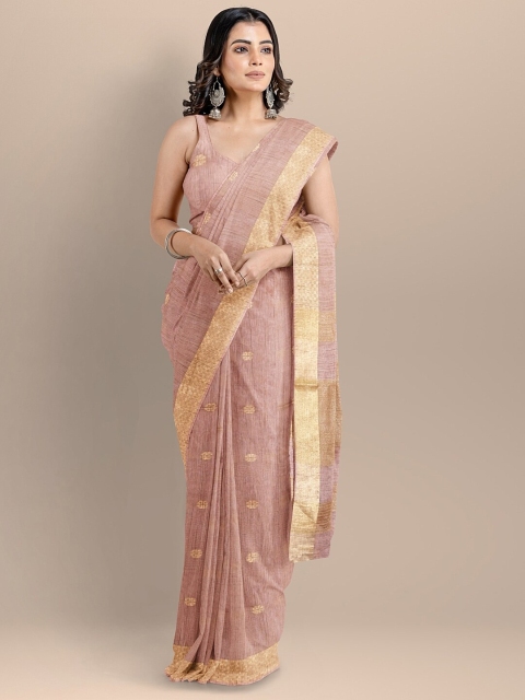 

BharatSthali Peach-Coloured & Gold-Toned Woven Design Silk Cotton Mangalagiri Saree