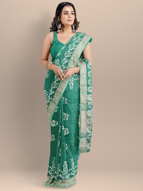 

BharatSthali Green & White Batik Silk Cotton Venkatgiri Saree