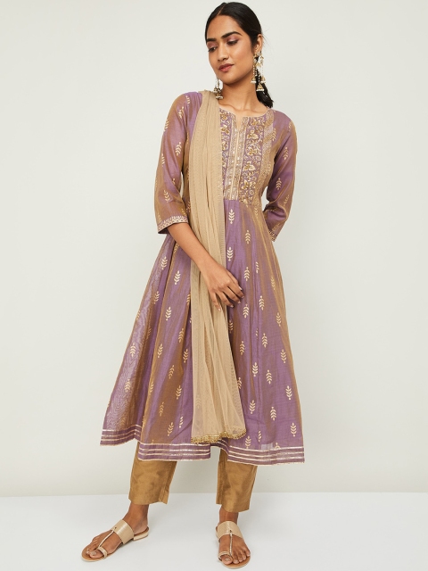 

Melange by Lifestyle Women Purple Ethnic Motifs Panelled Kurta with Churidar & With Dupatta