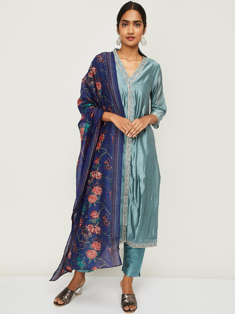 

Melange by Lifestyle Women Blue Yoke Design Regular Kurta with Palazzos & With Dupatta