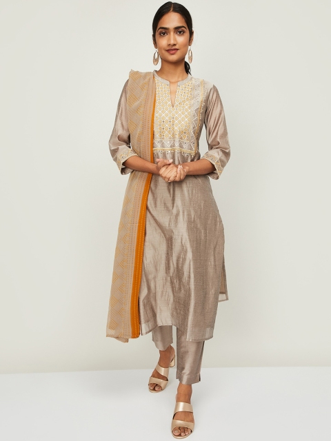 

Melange by Lifestyle Women Grey Yoke Design Regular Chanderi Cotton Kurta with Palazzos & With Dupatta