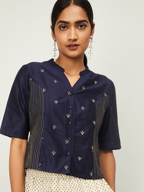 

Melange by Lifestyle Navy Blue Floral Embroidered Mandarin Collar Regular Crop Top