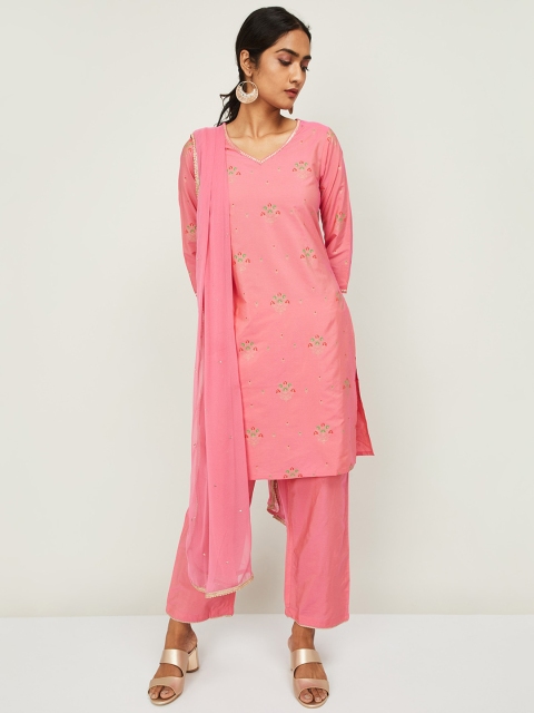 

Melange by Lifestyle Women Pink Floral Embroidered Regular Kurta with Palazzos & With Dupatta