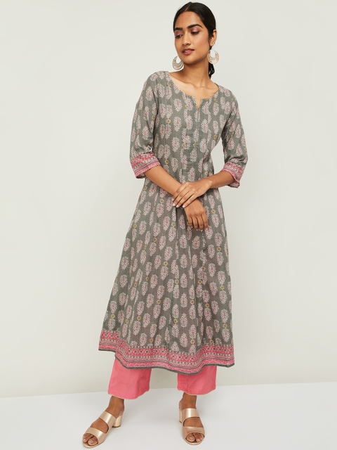 

Melange by Lifestyle Women Grey Ethnic Motifs Printed Mirror Work Kurta