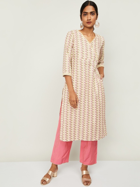 

Melange by Lifestyle Women Off White Chevron Printed Chikankari Kurta