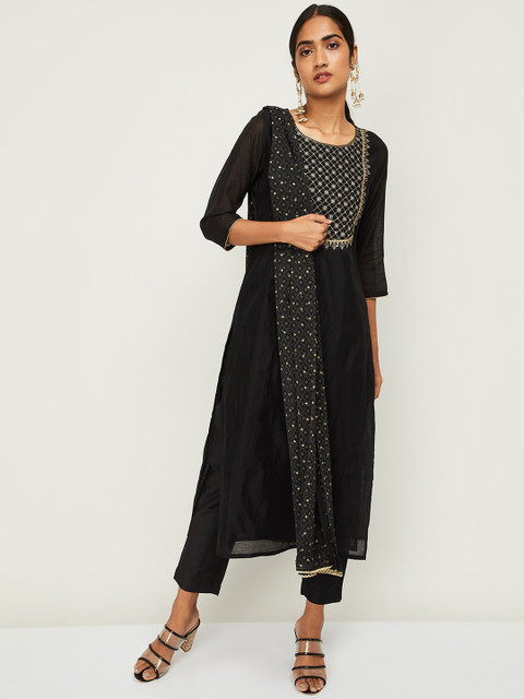 

Melange by Lifestyle Women Black Ethnic Motifs Embroidered Panelled Kurta with Trousers & With Dupatta