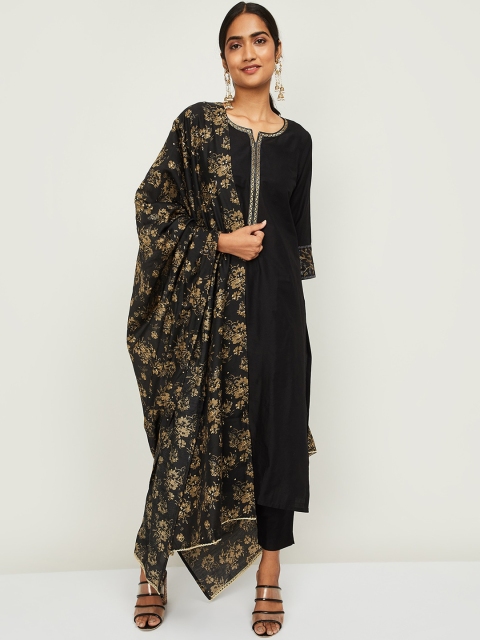 

Melange by Lifestyle Women Black Pleated Kurti with Trousers & With Dupatta