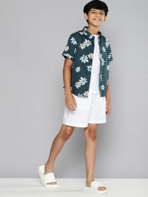 

M&H Juniors Boys Navy Blue Floral Printed Pure Cotton Slim Fit Casual Shirt