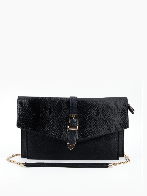 

ODETTE Black Women Textured Buckle Detail Envelope Clutch With Shoulder Strap
