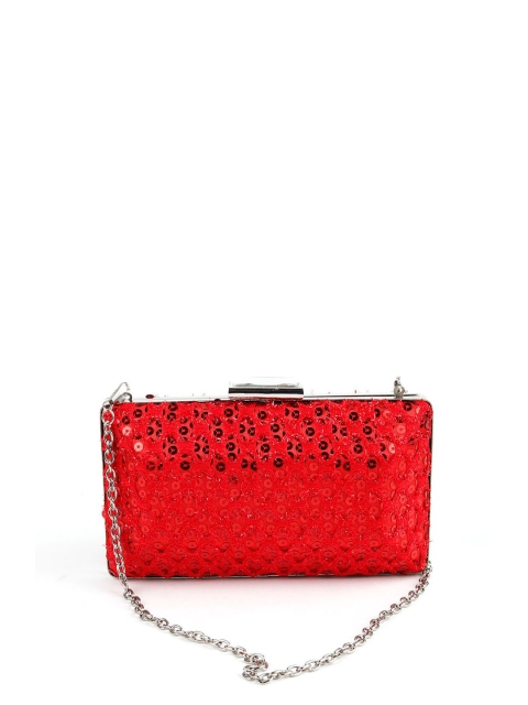 

ODETTE Red & Silver-Toned Embellished Box Clutch With Detachable Metallic Sling Chain