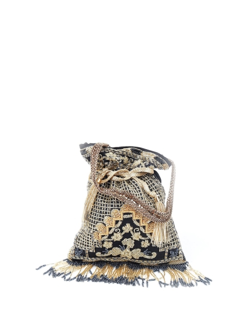 

ODETTE Black & Gold-Toned Embellished Potli Clutch