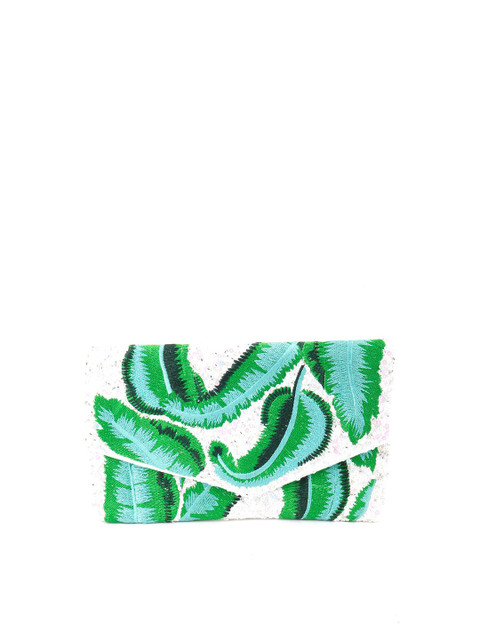 

ODETTE Green & White Embroidered Embellished Envelope Clutch With Rose Silver Chain