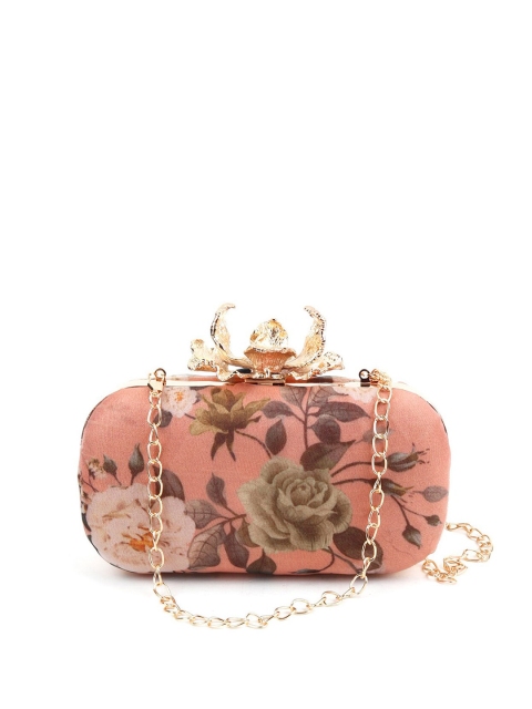 

ODETTE Peach-Coloured & Gold-Toned Printed Embellished Box Clutch