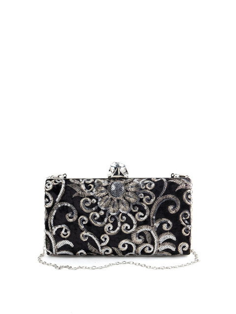 

ODETTE Black & Silver-Toned Embroidered Foldover Clutch