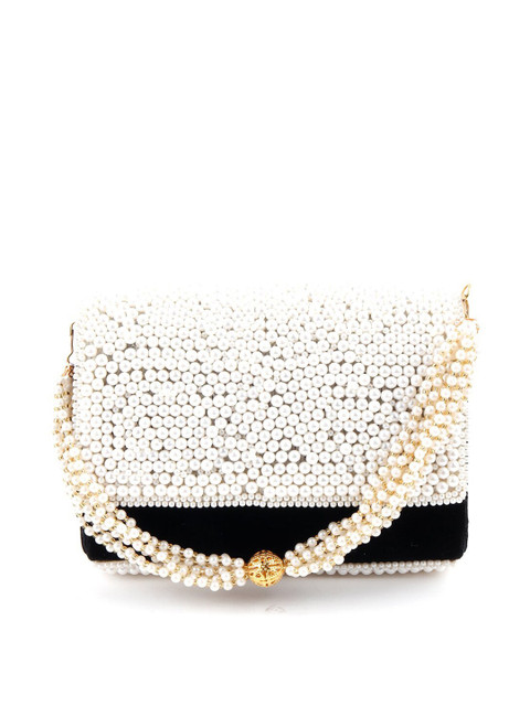 

ODETTE White & Black Embellished Foldover Clutch