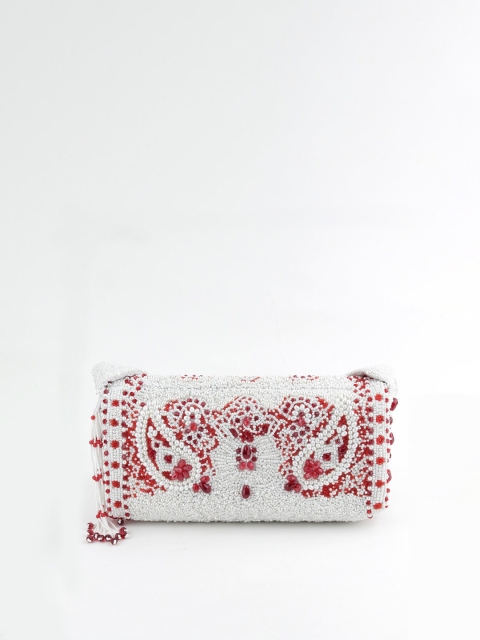 

ODETTE White & Red Embellished Foldover Clutch