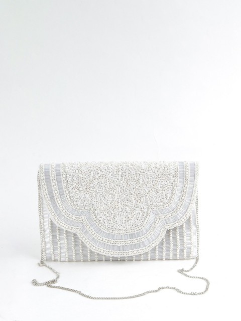 

ODETTE White Embellished Foldover Clutch
