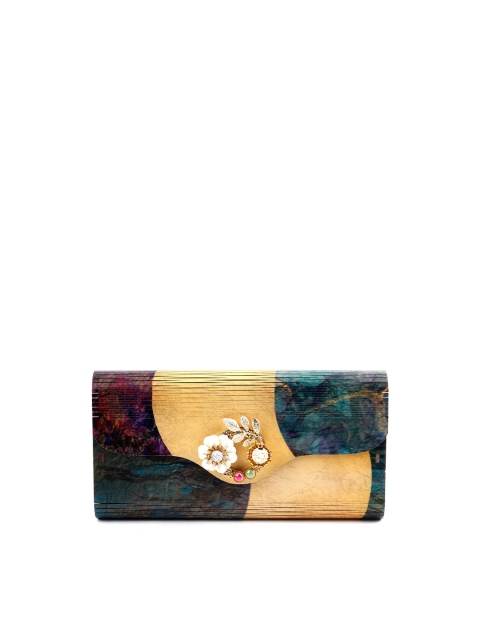 

ODETTE Gold-Toned & Teal Textured Embellished Foldover Clutch