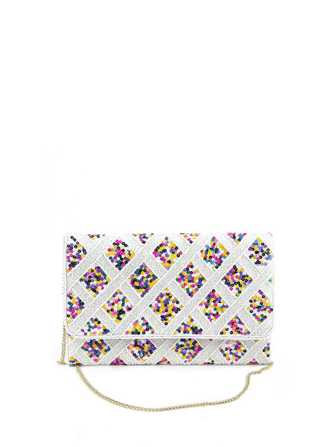 

ODETTE Women White & Multicolor Embellished Foldover Clutch