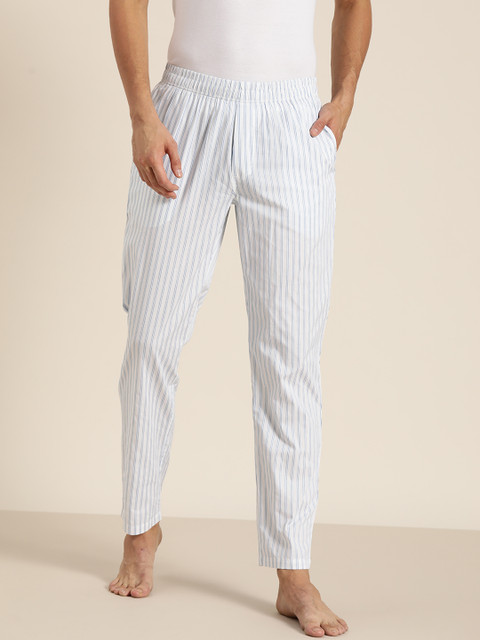 

ether Men White & Blue Striped Pure Cotton Lounge Pants