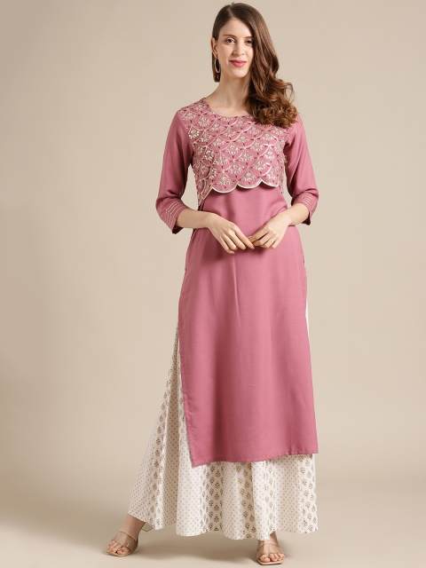 

Varanga Women Mauve Floral Embroidered Regular Sequinned Kurta with Palazzos