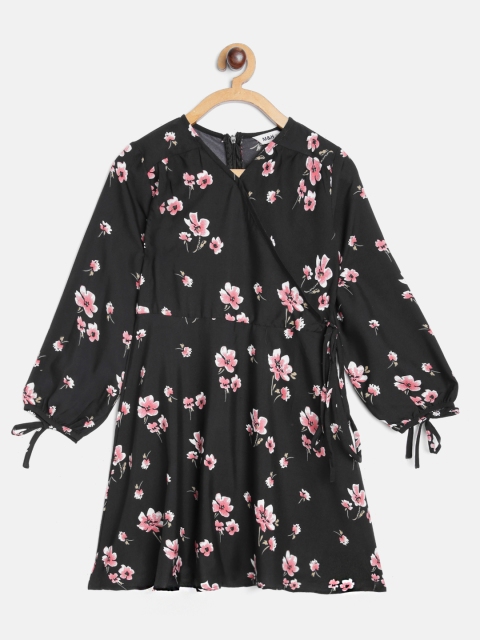 

M&H Juniors Girls Black & Pink Floral Print Knee Length Wrap Dress