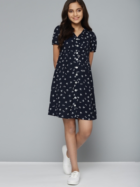 

M&H Juniors Girls Navy Blue & White Floral Fit & Flare Dress