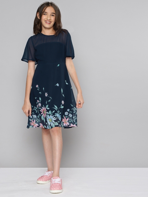 

M&H Juniors Girls Navy Blue Floral Print Fit & Flare Dress
