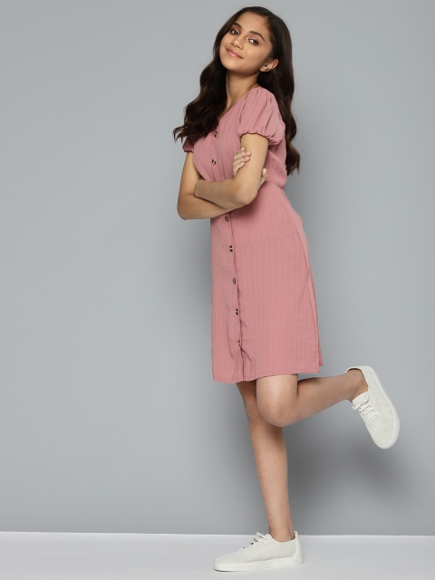 

M&H Juniors Peach-Coloured Solid Panelled A-Line Dress