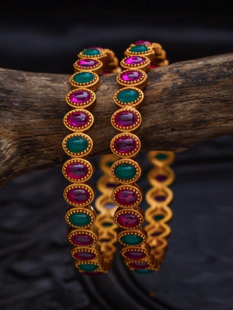 

Alankruthi Set Of 2 Gold-Plated Pink & Green Stone-Studded Temple Bangles