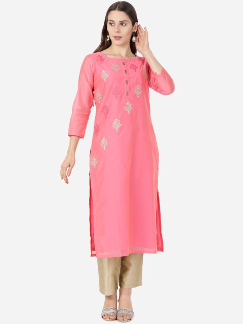

GOLDSTROMS Women Pink & Silver-Toned Ethnic Motifs Embroidered Kurta