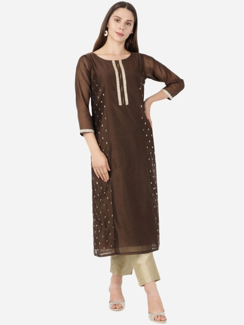 

GOLDSTROMS Women Coffee Brown & Silver-Toned Ethnic Motifs Embellished Kurta
