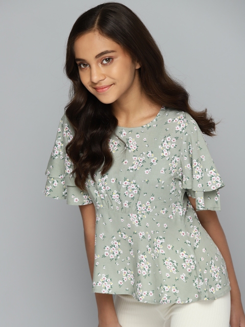 

M&H Juniors Girls Green & White Floral Print A-Line Top